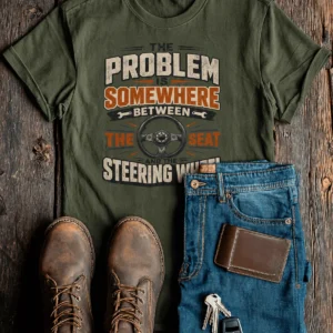 Driving Humor T-Shirt — "The Problem Is Somewhere Between The Seat And The Steering Wheel" — military-green t-shirt, flat-lay product photo | Pressure Tested Co