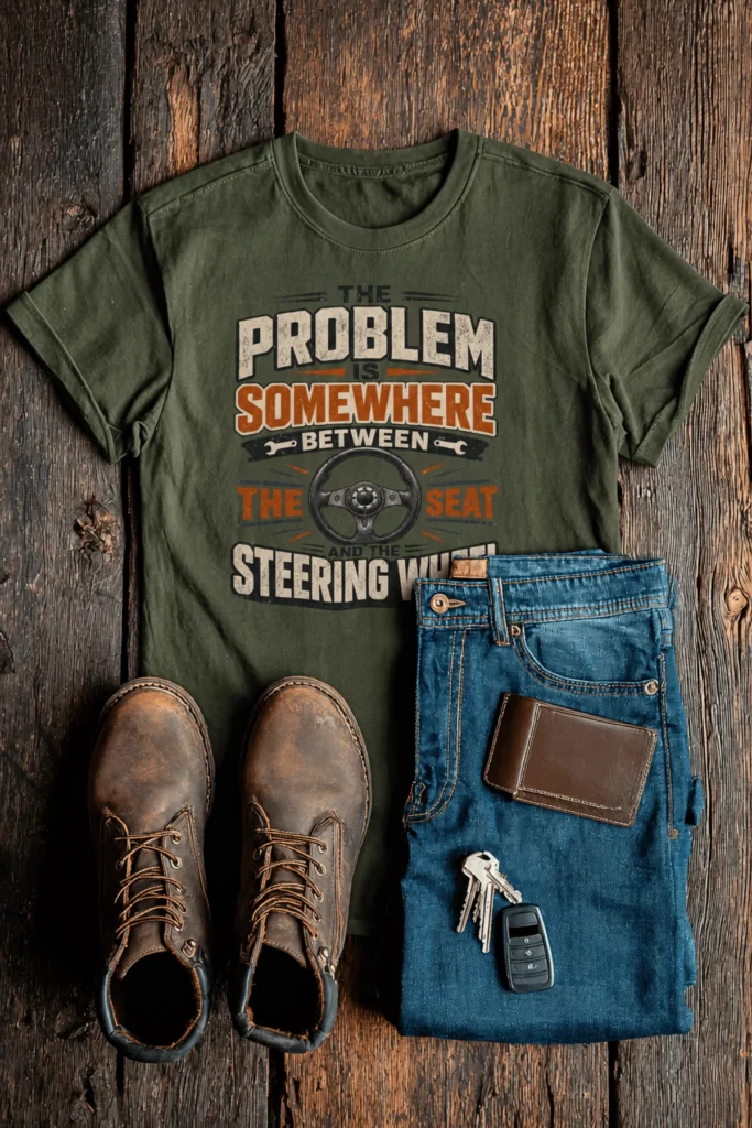 Driving Humor T-Shirt — "The Problem Is Somewhere Between The Seat And The Steering Wheel" — military-green t-shirt, flat-lay product photo | Pressure Tested Co