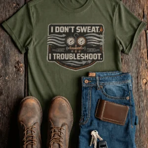 HVAC Tech T-Shirt – "I Don't Sweat. I Troubleshoot." Retro Tech Shirt — military-green t-shirt, flat-lay product photo | Pressure Tested Co