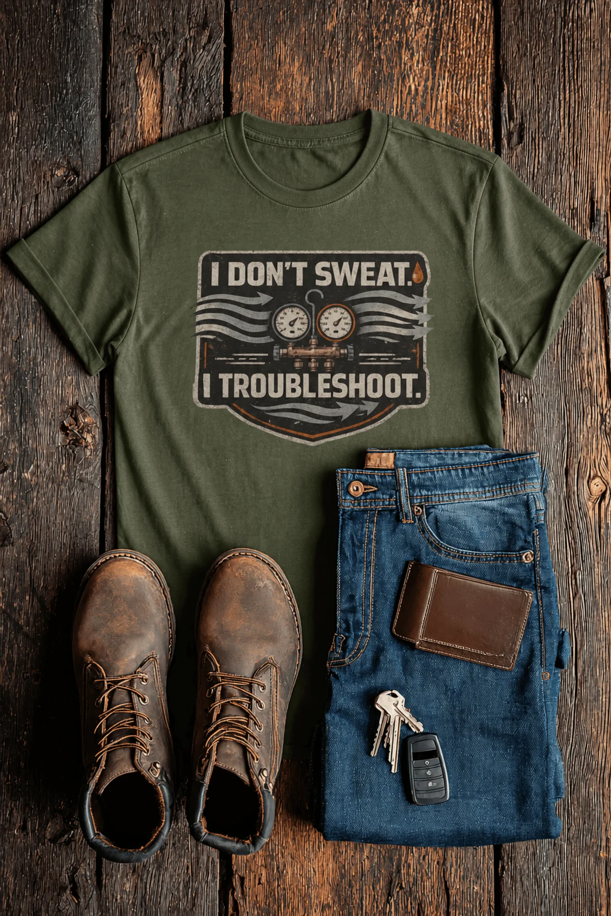 HVAC Tech T-Shirt – "I Don't Sweat. I Troubleshoot." Retro Tech Shirt — military-green t-shirt, flat-lay product photo | Pressure Tested Co