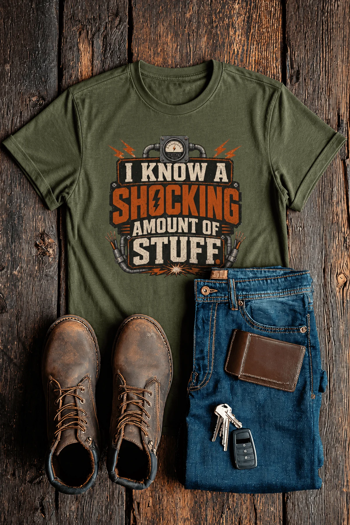 I Know A Shocking Amount Of Stuff T-Shirt — Electrician Science Humorous Tee — military-green t-shirt, flat-lay product photo | Pressure Tested Co