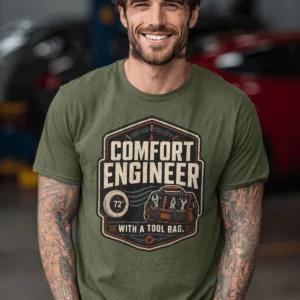 HVAC Tech T-Shirt — "Comfort Engineer" Vintage Tee with a Tool Bag — military-green t-shirt, model photo | Pressure Tested Co