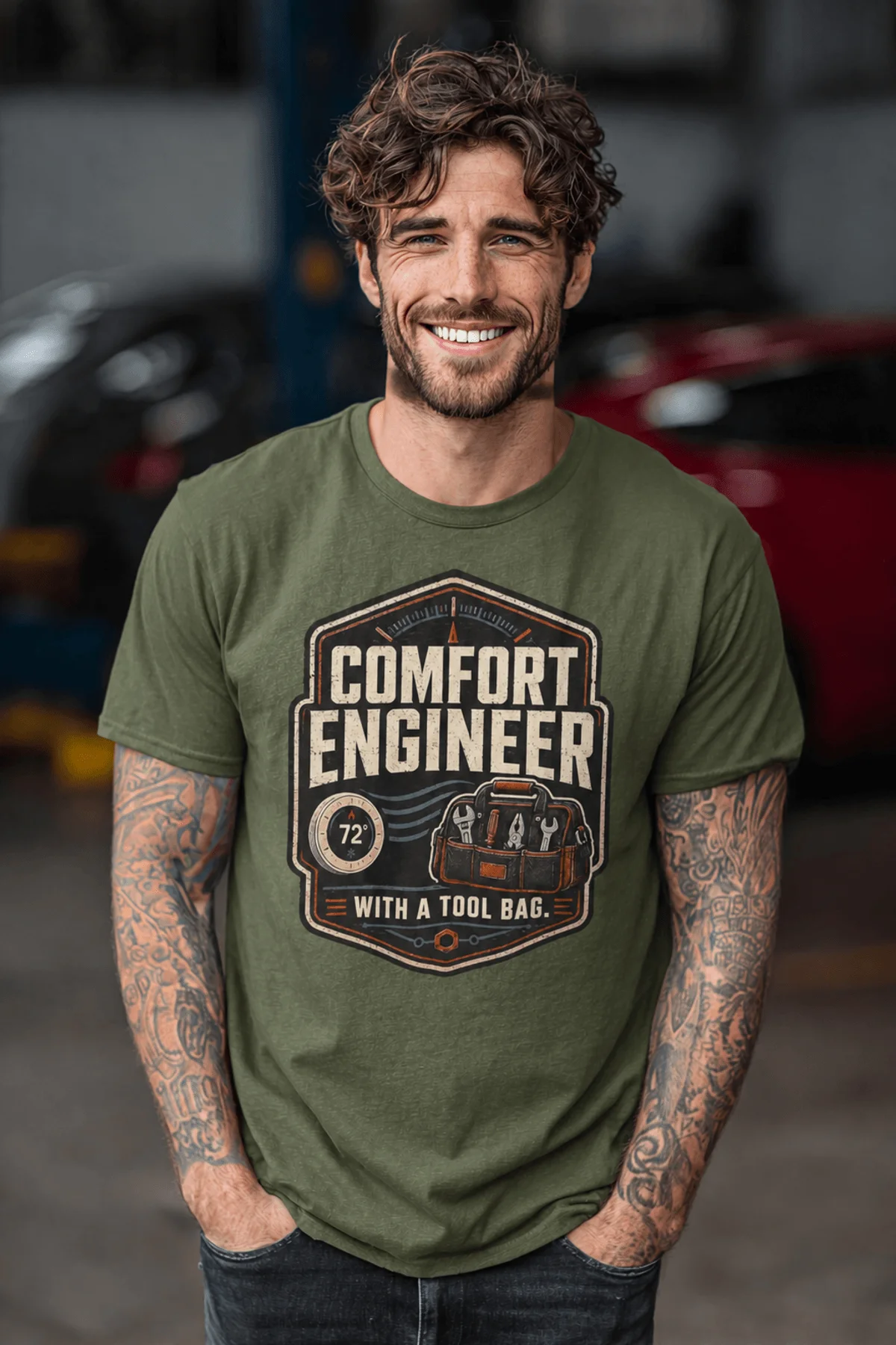 HVAC Tech T-Shirt — "Comfort Engineer" Vintage Tee with a Tool Bag — military-green t-shirt, model photo | Pressure Tested Co