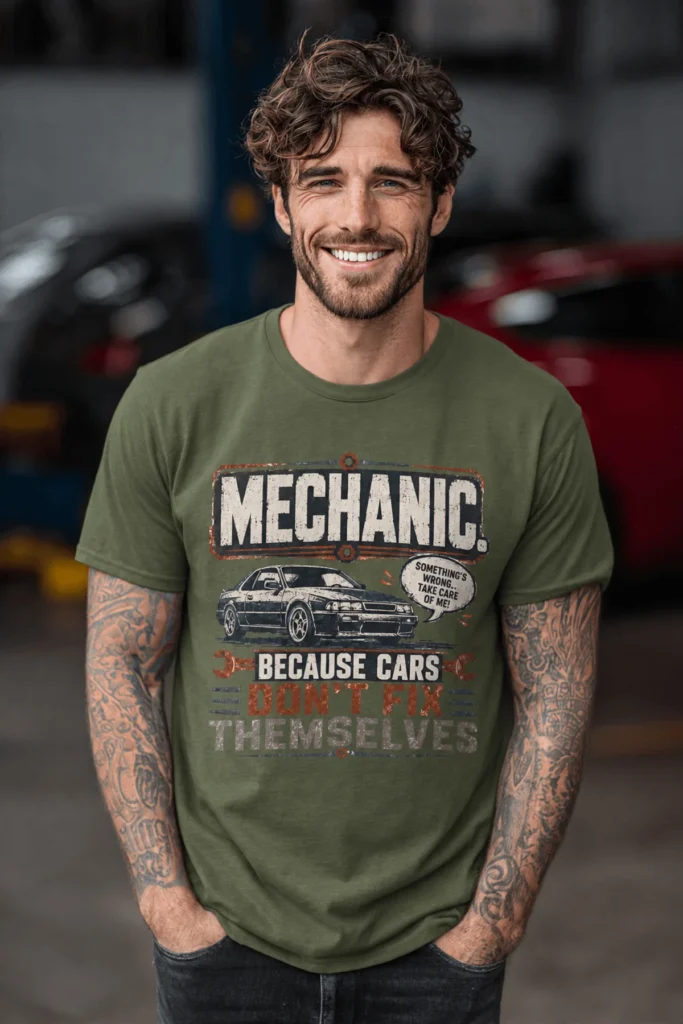 Mechanic Tee — "Mechanic. Because Cars Don't Fix Themselves" Funny Vintage Auto Technician Repair Shirt — military-green t-shirt, model photo | Pressure Tested Co