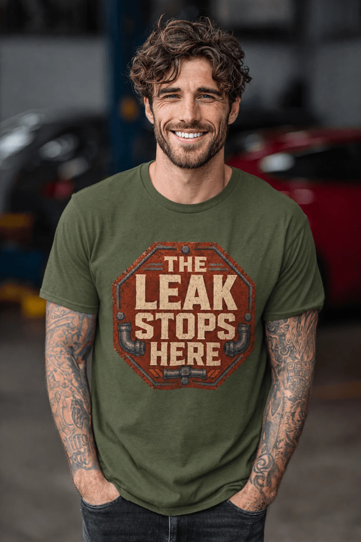 "The Leak Stops Here" Stop Sign Badge Style — Plumbing Repair Tech Humorous Tee — military-green t-shirt, model photo | Pressure Tested Co