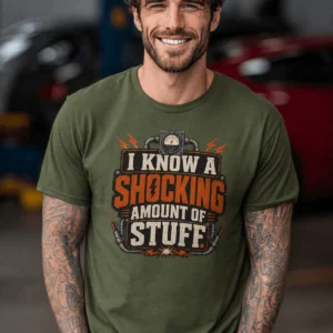 I Know A Shocking Amount Of Stuff T-Shirt — Electrician Science Humorous Tee — military-green t-shirt, model photo | Pressure Tested Co