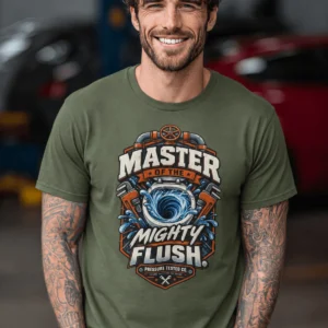 Master of the Mighty Flush T-Shirt — Plumber/Funny Toilet Repair Tee — military-green t-shirt, model photo | Pressure Tested Co