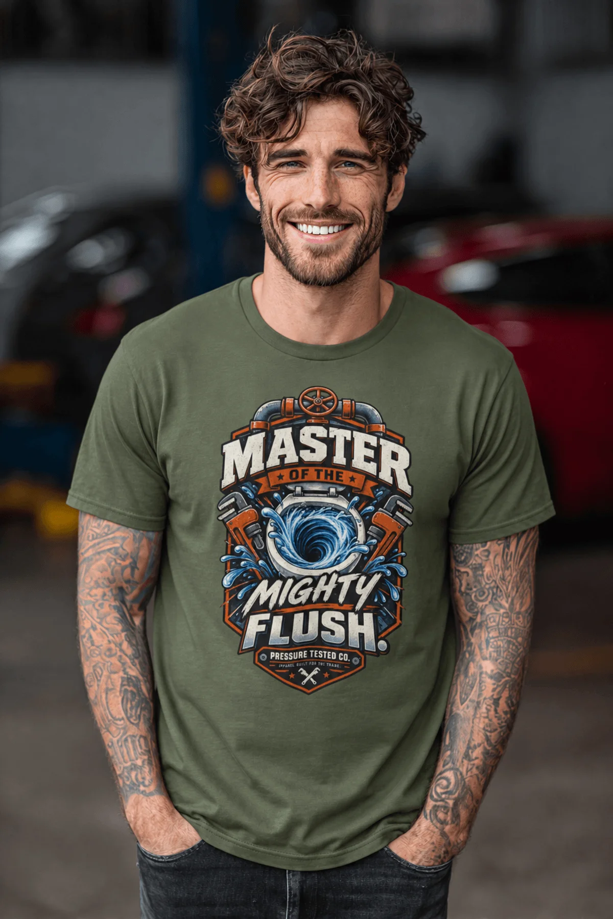 Master of the Mighty Flush T-Shirt — Plumber/Funny Toilet Repair Tee — military-green t-shirt, model photo | Pressure Tested Co