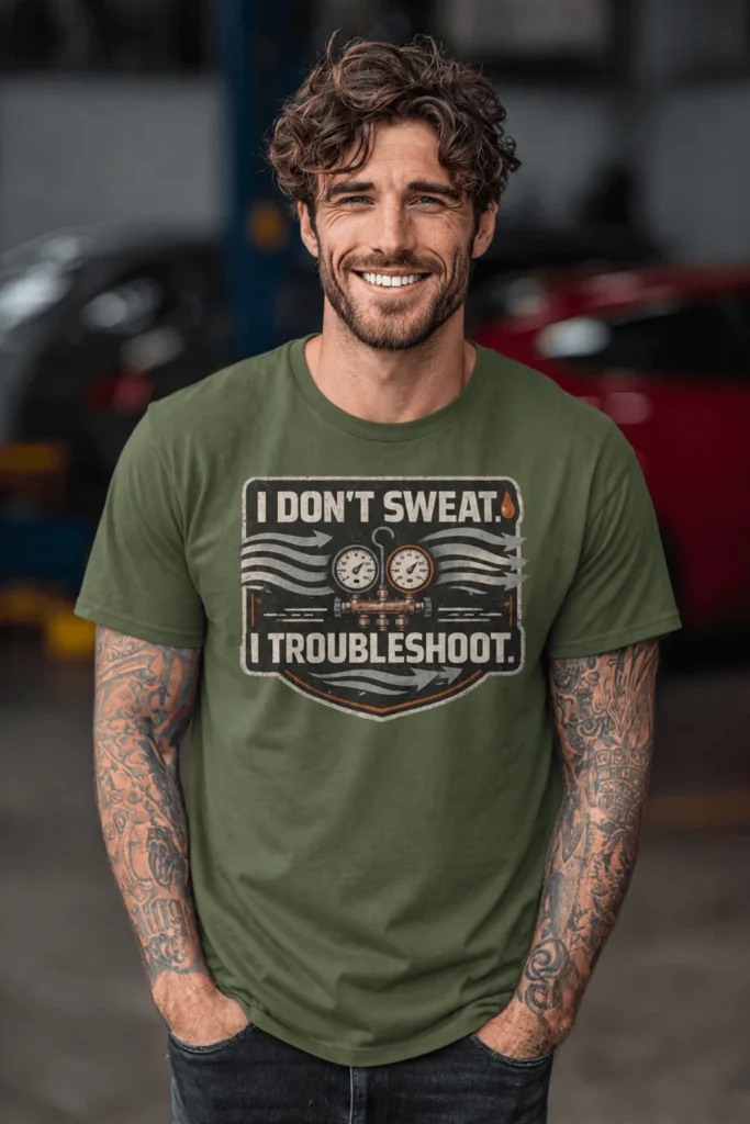 HVAC Tech T-Shirt – "I Don't Sweat. I Troubleshoot." Retro Tech Shirt — military-green t-shirt, model photo | Pressure Tested Co