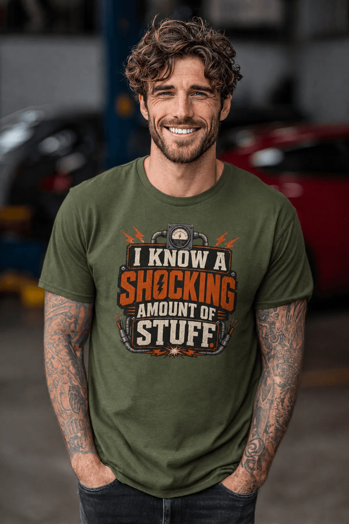 I Know A Shocking Amount Of Stuff T-Shirt — Electrician Science Humorous Tee — military-green t-shirt, model photo | Pressure Tested Co