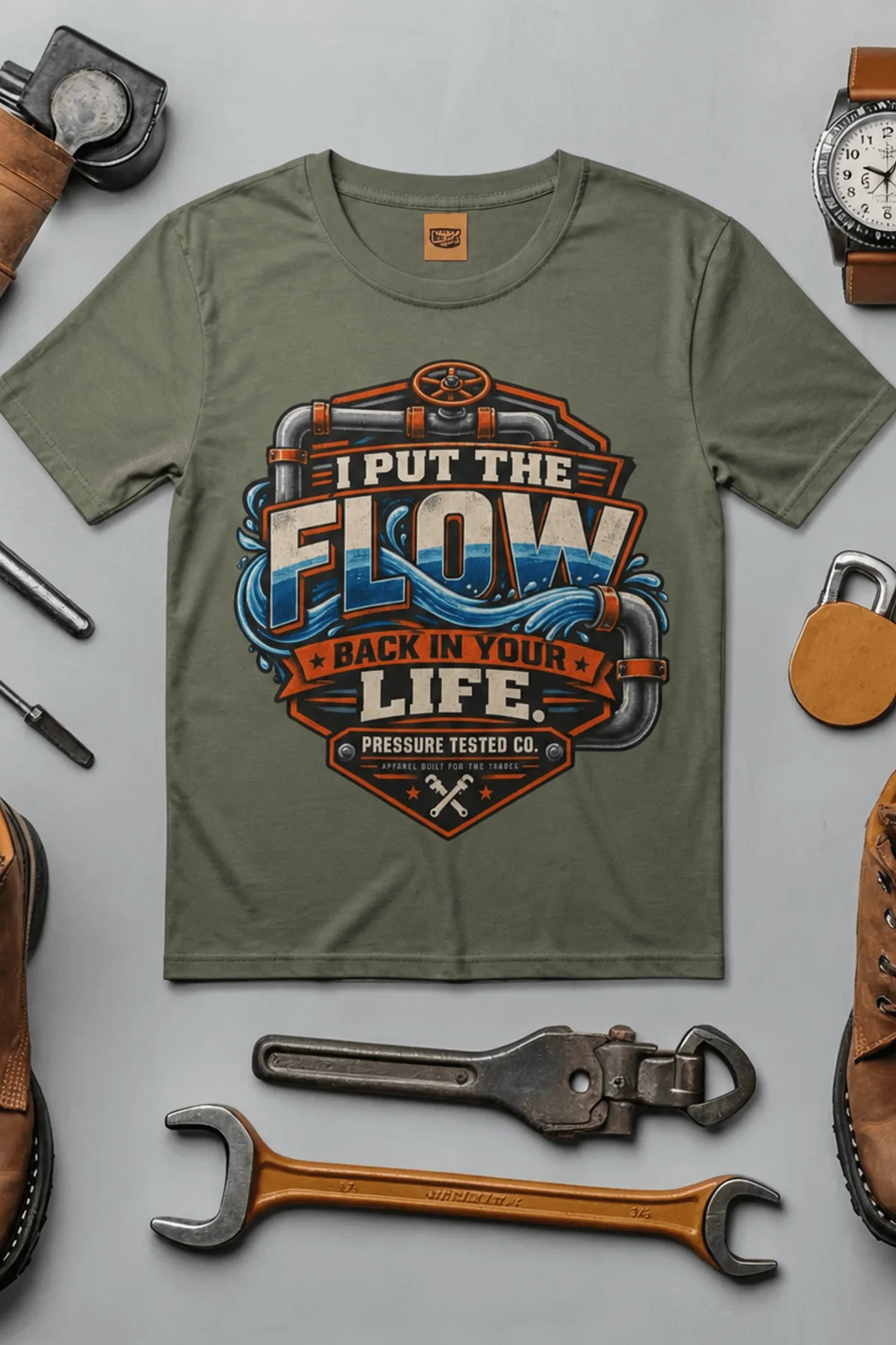 'I Put The Flow Back Into Your Life.' T-Shirt — Funny Retro Industrial Plumber's Tee — moss t-shirt, flat-lay product photo | Pressure Tested Co
