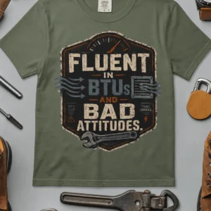 HVAC Tech T‑Shirt – "Fluent In BTUs And Bad Attitudes" — moss t-shirt, flat-lay product photo | Pressure Tested Co