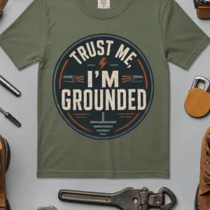 Grounded T‑Shirt – "Trust Me I'm Grounded" Electrical Tech Tee — moss t-shirt, flat-lay product photo | Pressure Tested Co