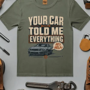 Mechanic T‑Shirt – "Your Car Told Me Everything" Vintage Graphic Design Tee — moss t-shirt, flat-lay product photo | Pressure Tested Co