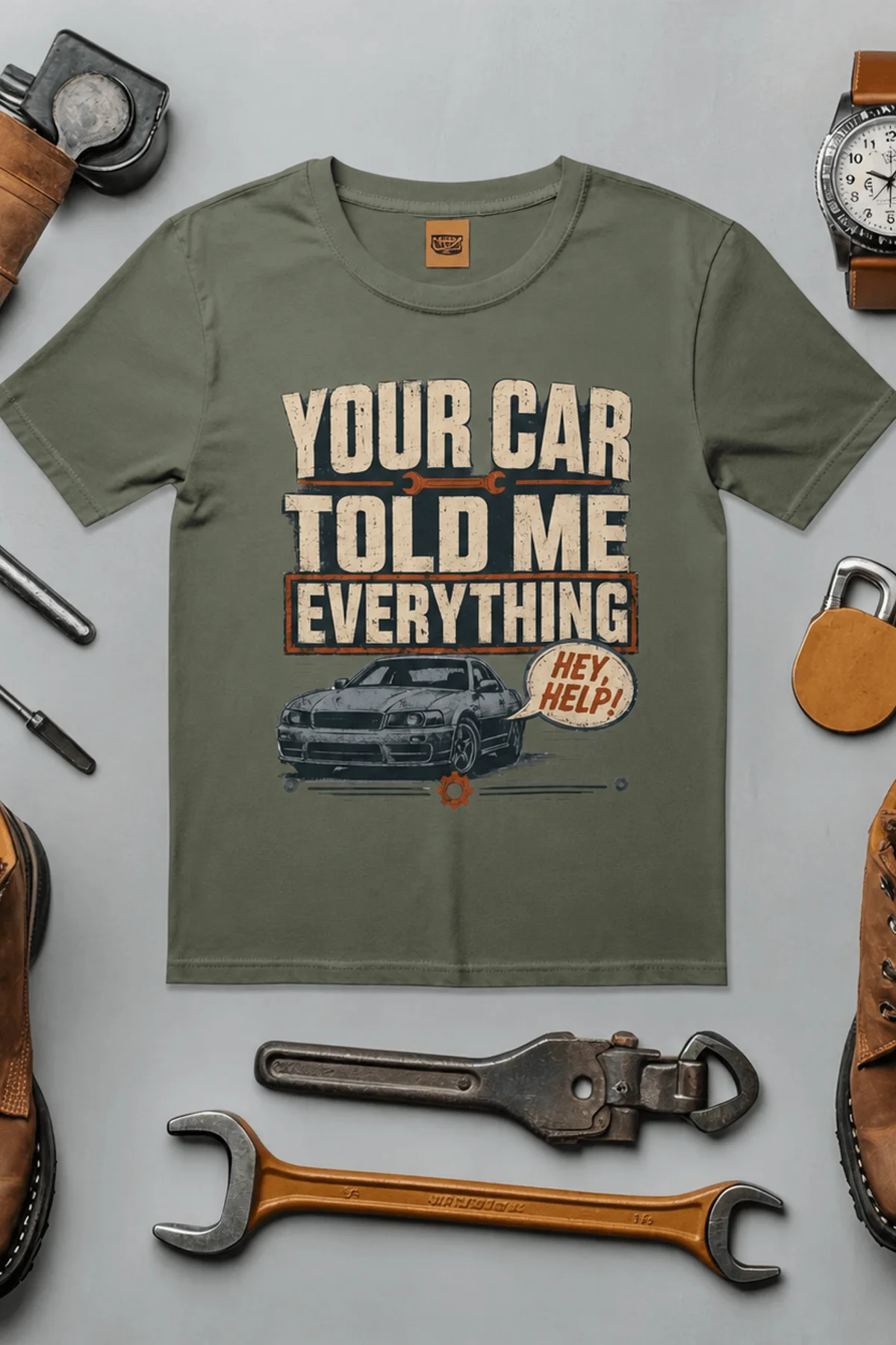 Mechanic T‑Shirt – "Your Car Told Me Everything" Vintage Graphic Design Tee — moss t-shirt, flat-lay product photo | Pressure Tested Co