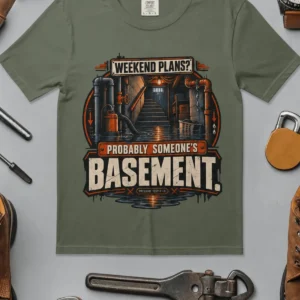 Plumber T‑Shirt – "Weekend Plans? Probably Someone's Basement" Vintage Graphic Design Tee — moss t-shirt, flat-lay product photo | Pressure Tested Co