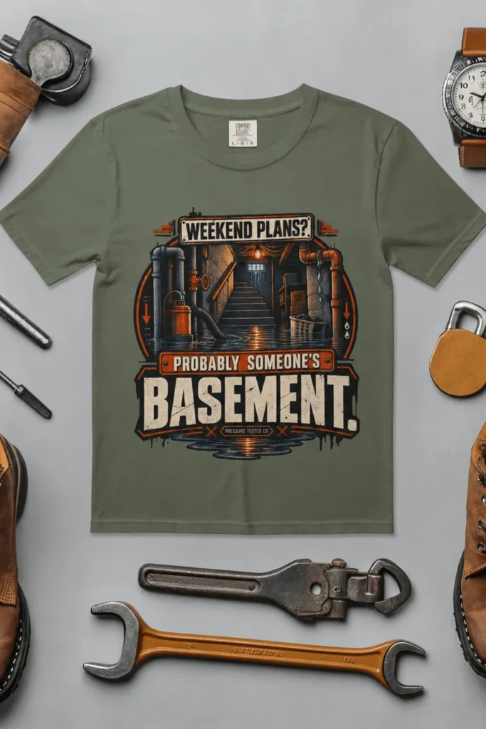 Plumber T‑Shirt – "Weekend Plans? Probably Someone's Basement" Vintage Graphic Design Tee — moss t-shirt, flat-lay product photo | Pressure Tested Co