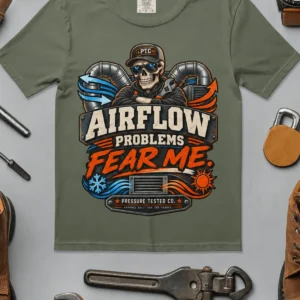 Airflow Problems Fear Me T-Shirt — HVAC Technician Skull Logo Tee — moss t-shirt, flat-lay product photo | Pressure Tested Co