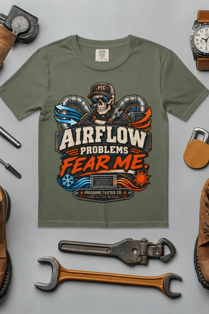 Airflow Problems Fear Me T-Shirt — HVAC Technician Skull Logo Tee — moss t-shirt, flat-lay product photo | Pressure Tested Co