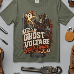Ghost Voltage T-Shirt — 'I Chase Ghost Voltage for a Living' Vintage Electrician Tee — moss t-shirt, flat-lay product photo | Pressure Tested Co