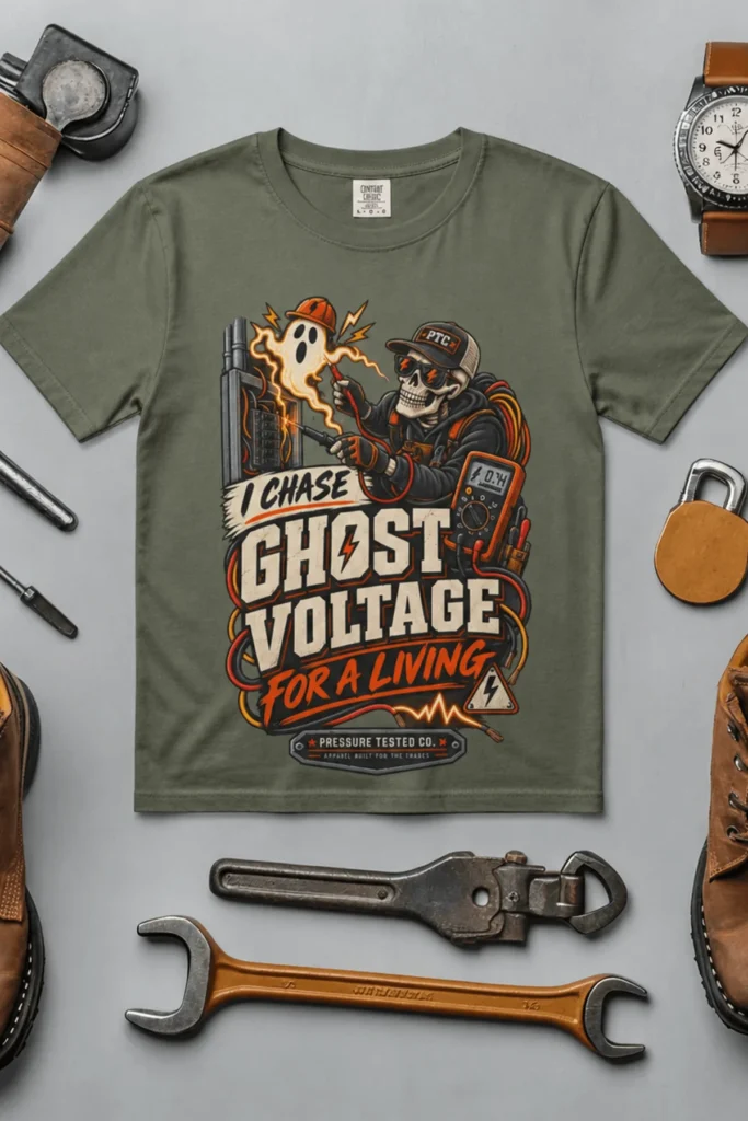 Ghost Voltage T-Shirt — 'I Chase Ghost Voltage for a Living' Vintage Electrician Tee — moss t-shirt, flat-lay product photo | Pressure Tested Co