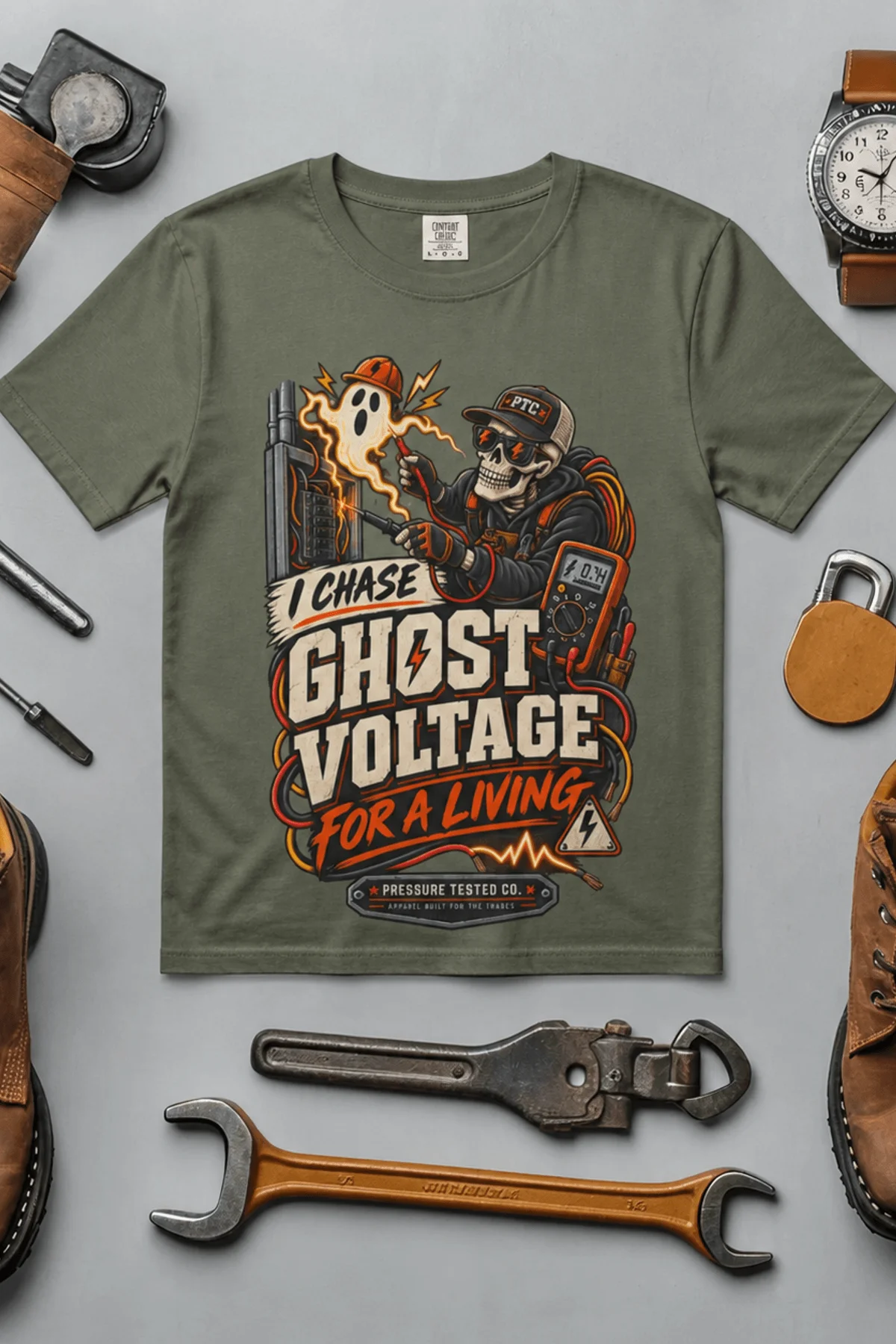 Ghost Voltage T-Shirt — 'I Chase Ghost Voltage for a Living' Vintage Electrician Tee — moss t-shirt, flat-lay product photo | Pressure Tested Co
