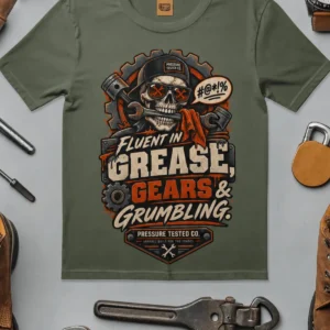 Mechanic Skull T-Shirt — "Fluent in Grease, Gears and Grumbling" Graphic Tee — moss t-shirt, flat-lay product photo | Pressure Tested Co