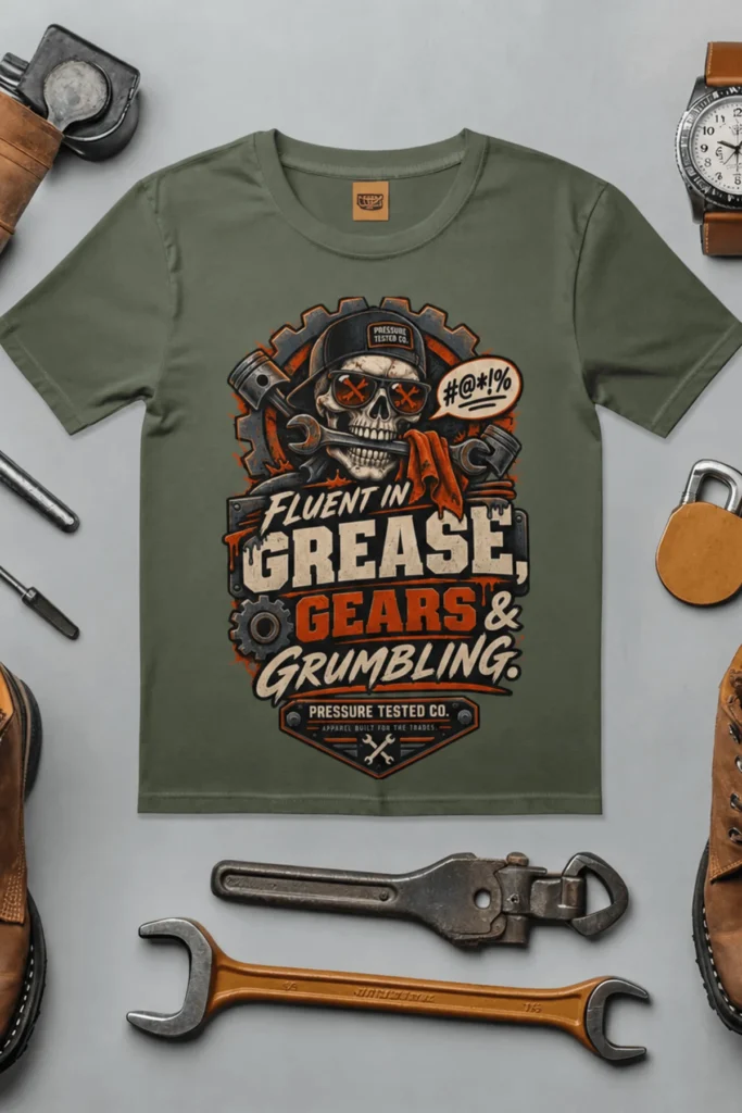 Mechanic Skull T-Shirt — "Fluent in Grease, Gears and Grumbling" Graphic Tee — moss t-shirt, flat-lay product photo | Pressure Tested Co