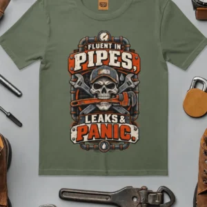 Plumber Skull T-Shirt — "Fluent in Pipes, Leaks and Panic" Workwear Tee — moss t-shirt, flat-lay product photo | Pressure Tested Co
