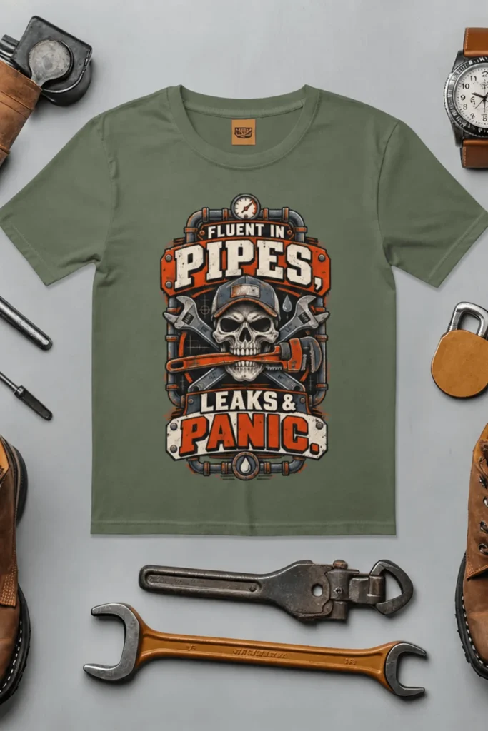 Plumber Skull T-Shirt — "Fluent in Pipes, Leaks and Panic" Workwear Tee — moss t-shirt, flat-lay product photo | Pressure Tested Co