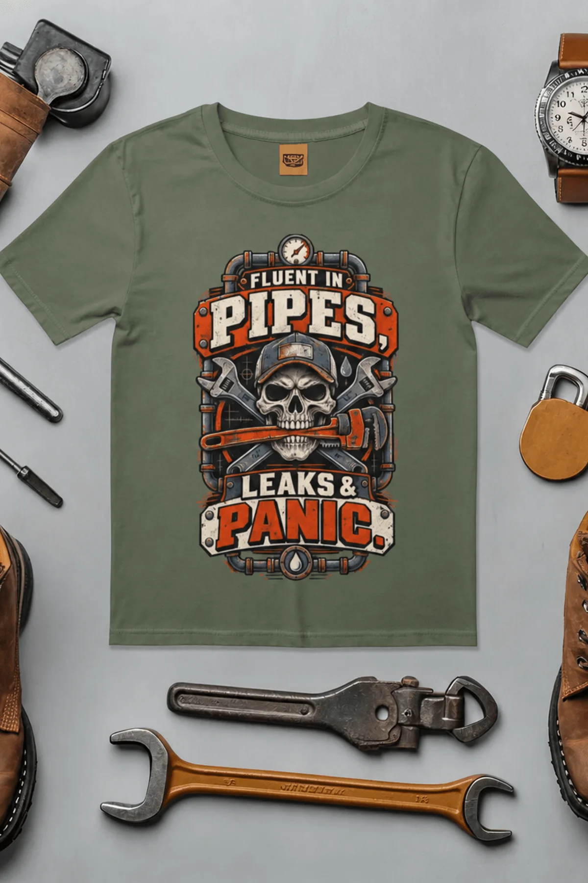 Plumber Skull T-Shirt — "Fluent in Pipes, Leaks and Panic" Workwear Tee — moss t-shirt, flat-lay product photo | Pressure Tested Co