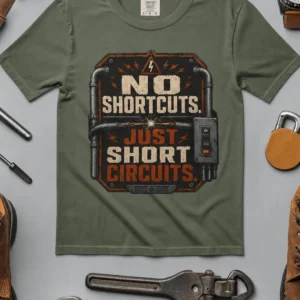 No Shortcuts Just Short Circuits T-Shirt — Funny Retro Industrial Electrician Tee — moss t-shirt, flat-lay product photo | Pressure Tested Co