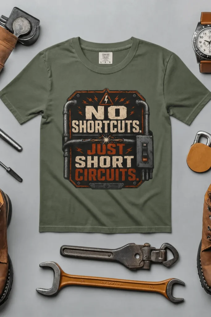 No Shortcuts Just Short Circuits T-Shirt — Funny Retro Industrial Electrician Tee — moss t-shirt, flat-lay product photo | Pressure Tested Co