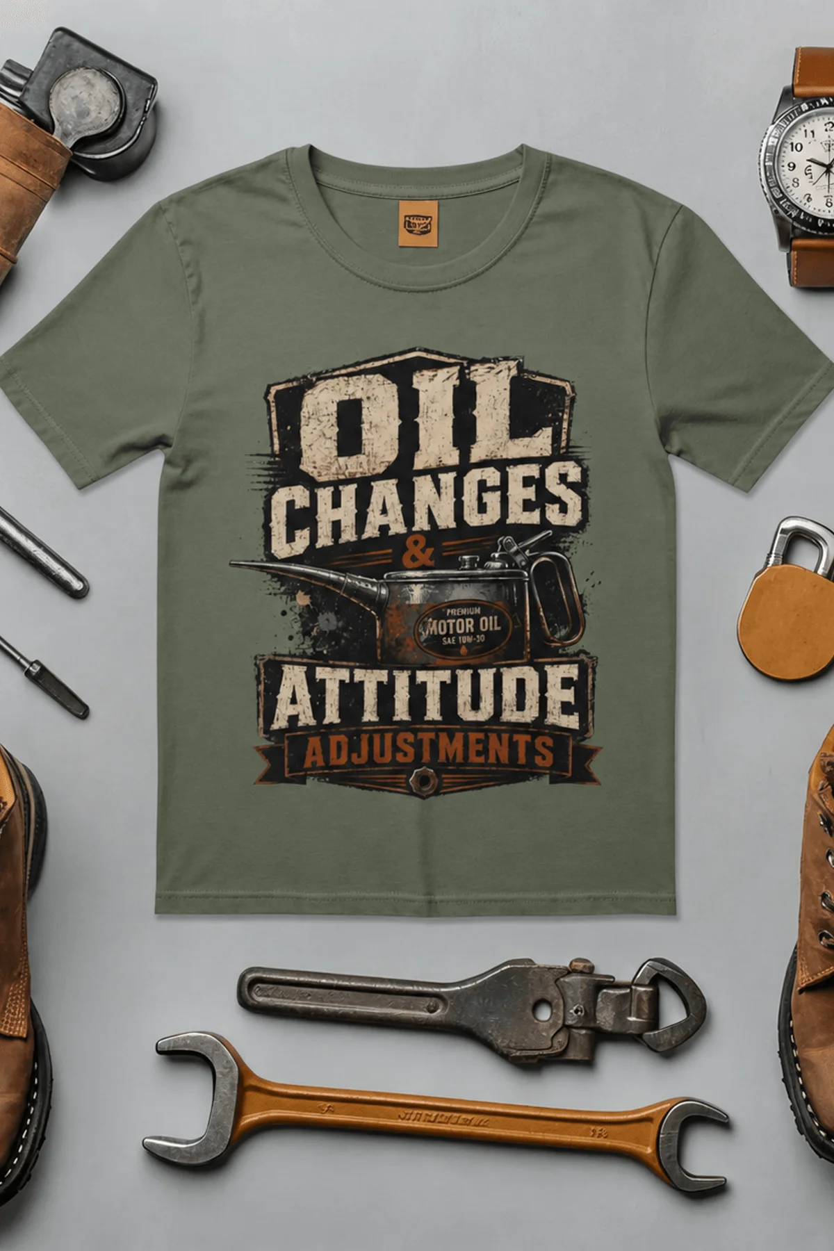 'Oil Changes and Attitude Adjustments' T-Shirt — Funny Retro Industrial Mechanic's Tee — moss t-shirt, flat-lay product photo | Pressure Tested Co