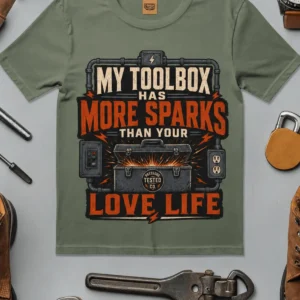 T-Shirt — "My Toolbox Has More Sparks Than Your Love Life" Electrician/Mechanic Workshop Tee — moss t-shirt, flat-lay product photo | Pressure Tested Co