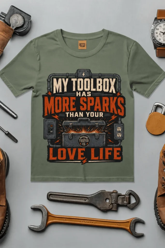 T-Shirt — "My Toolbox Has More Sparks Than Your Love Life" Electrician/Mechanic Workshop Tee — moss t-shirt, flat-lay product photo | Pressure Tested Co