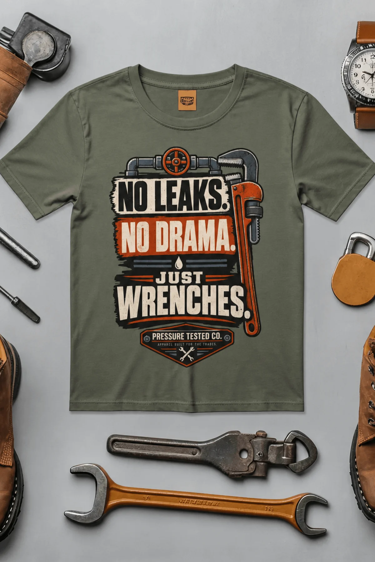 "No Leaks, No Drama, Just Wrenches" Vintage Plumbing Tee — moss t-shirt, flat-lay product photo | Pressure Tested Co