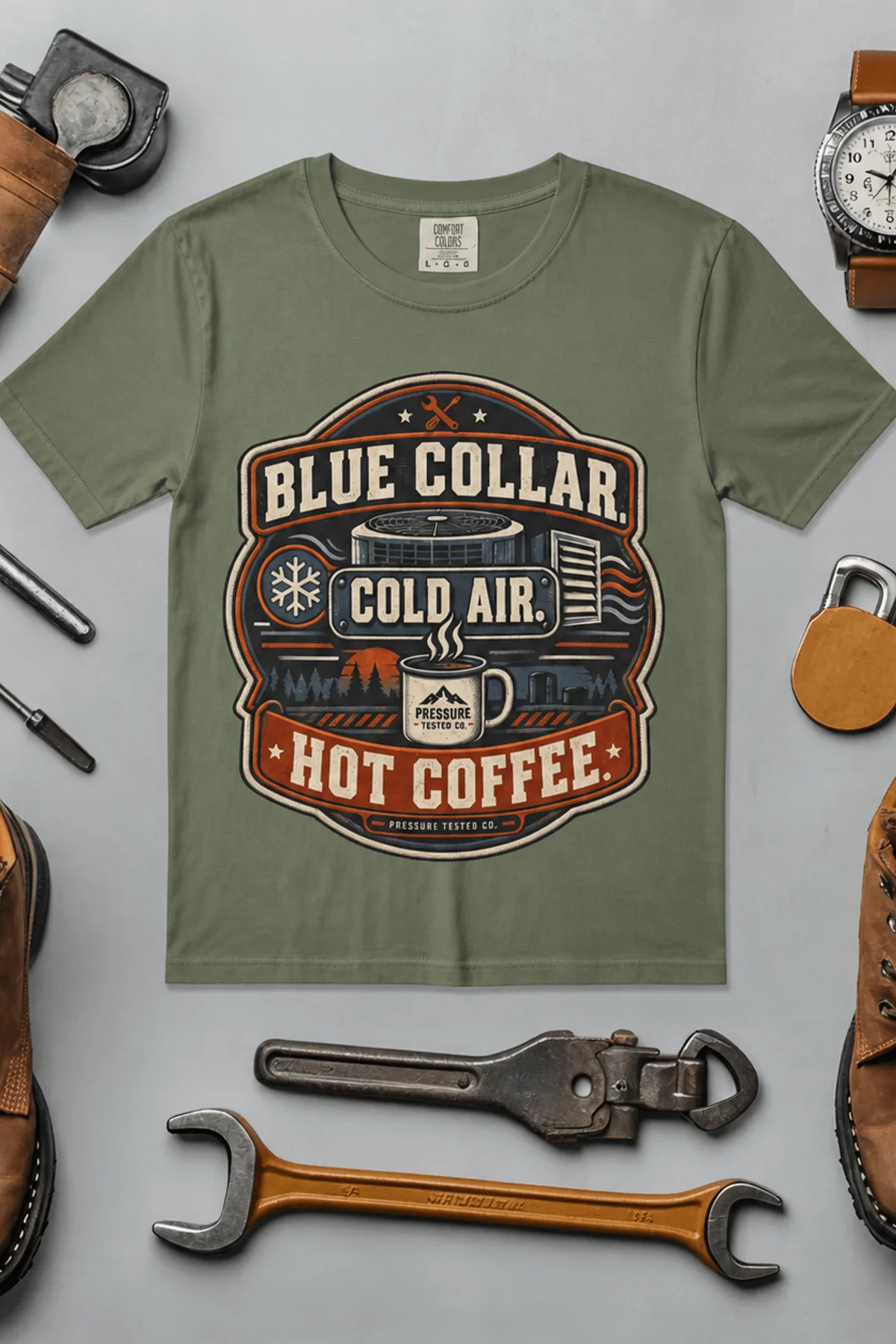 'Blue Collar. Cold Air. Hot Coffee.' T-Shirt — Funny Retro Industrial HVAC Tee — moss t-shirt, flat-lay product photo | Pressure Tested Co
