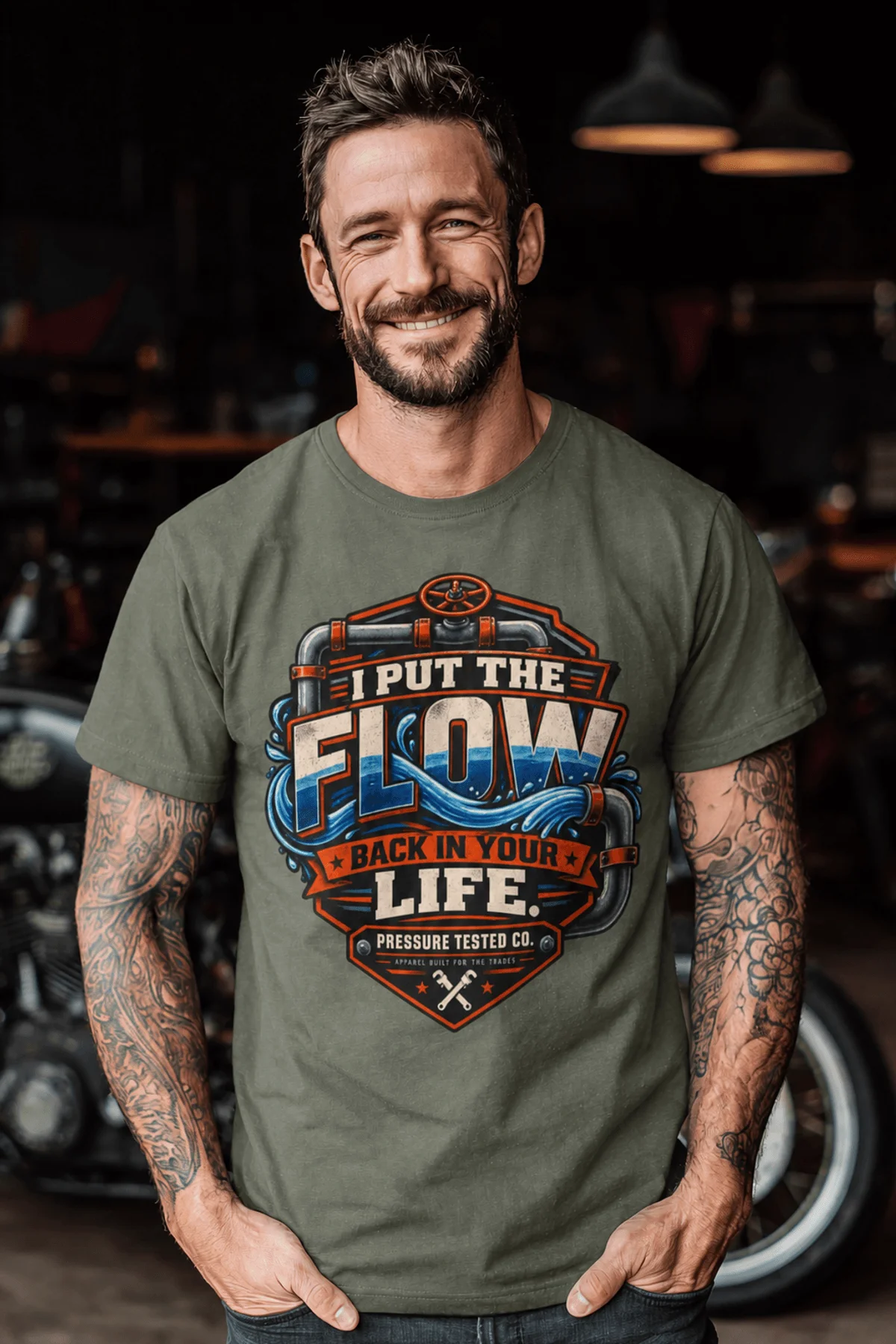 'I Put The Flow Back Into Your Life.' T-Shirt — Funny Retro Industrial Plumber's Tee — moss t-shirt, model photo | Pressure Tested Co