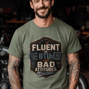 HVAC Tech T‑Shirt – "Fluent In BTUs And Bad Attitudes" — moss t-shirt, model photo | Pressure Tested Co