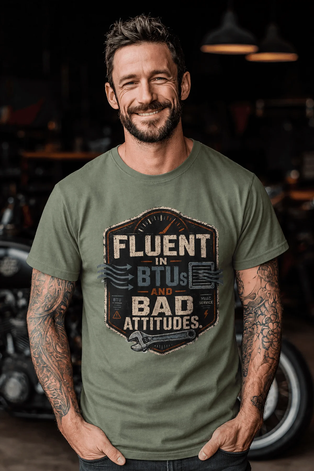 HVAC Tech T‑Shirt – "Fluent In BTUs And Bad Attitudes" — moss t-shirt, model photo | Pressure Tested Co