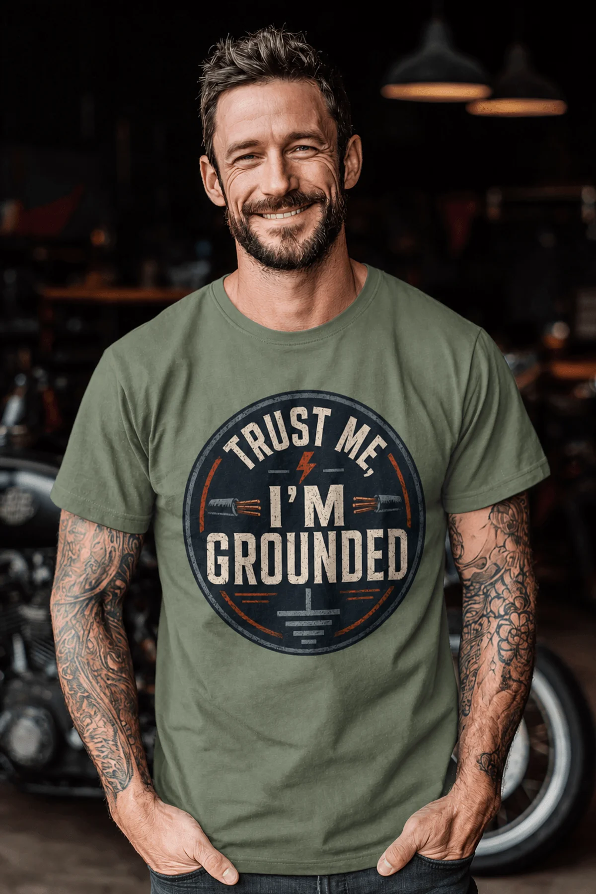 Grounded T‑Shirt – "Trust Me I'm Grounded" Electrical Tech Tee — moss t-shirt, model photo | Pressure Tested Co