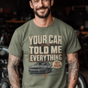 Mechanic T‑Shirt – "Your Car Told Me Everything" Vintage Graphic Design Tee — moss t-shirt, model photo | Pressure Tested Co