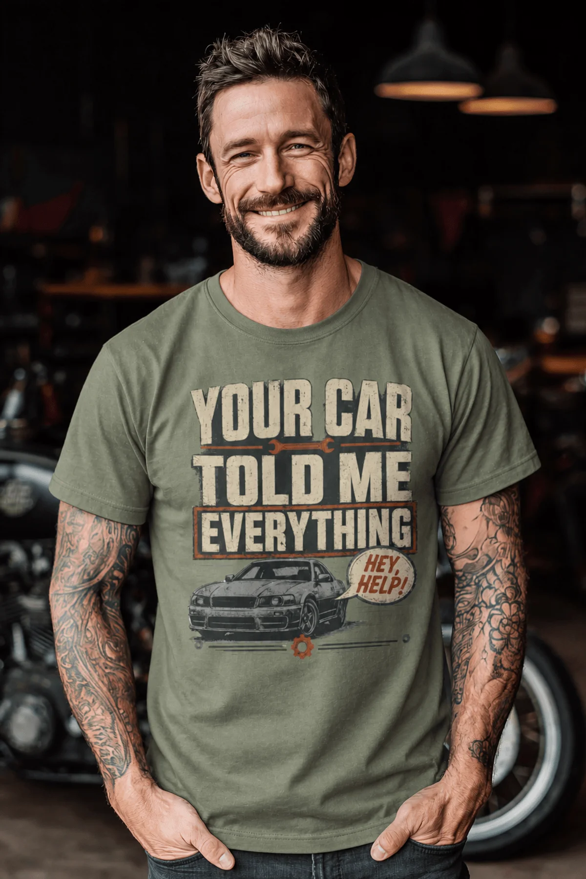 Mechanic T‑Shirt – "Your Car Told Me Everything" Vintage Graphic Design Tee — moss t-shirt, model photo | Pressure Tested Co