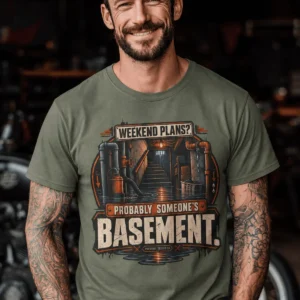 Plumber T‑Shirt – "Weekend Plans? Probably Someone's Basement" Vintage Graphic Design Tee — moss t-shirt, model photo | Pressure Tested Co