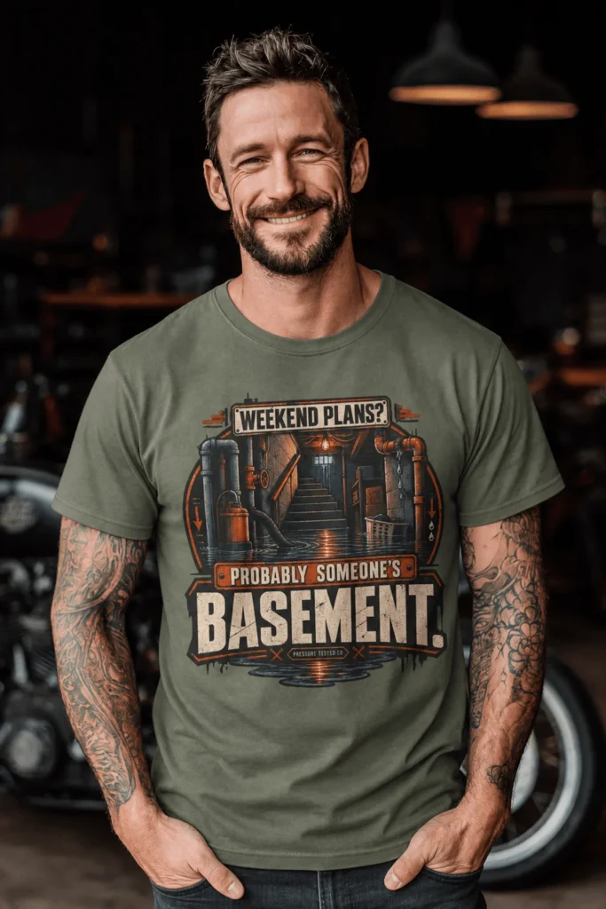 Plumber T‑Shirt – "Weekend Plans? Probably Someone's Basement" Vintage Graphic Design Tee — moss t-shirt, model photo | Pressure Tested Co