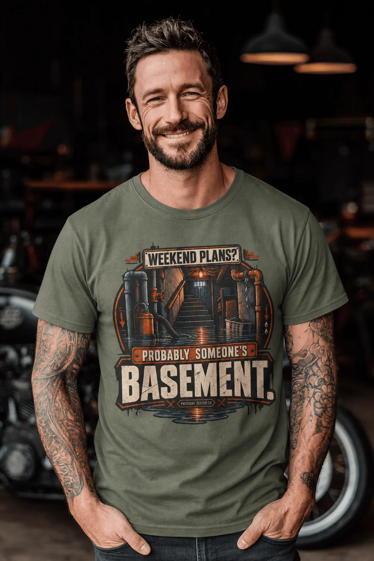 Plumber T‑Shirt – "Weekend Plans? Probably Someone's Basement" Vintage Graphic Design Tee — moss t-shirt, model photo | Pressure Tested Co
