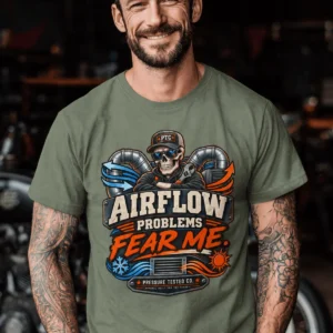 Airflow Problems Fear Me T-Shirt — HVAC Technician Skull Logo Tee — moss t-shirt, model photo | Pressure Tested Co