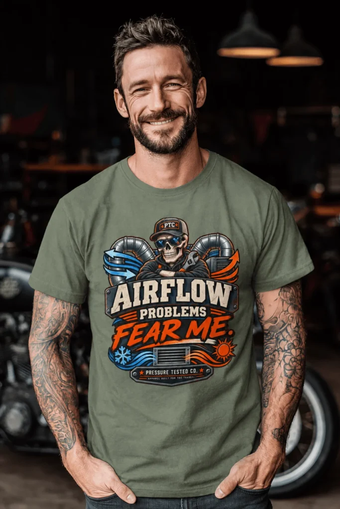 Airflow Problems Fear Me T-Shirt — HVAC Technician Skull Logo Tee — moss t-shirt, model photo | Pressure Tested Co