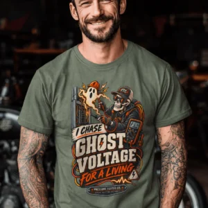 Ghost Voltage T-Shirt — 'I Chase Ghost Voltage for a Living' Vintage Electrician Tee — moss t-shirt, model photo | Pressure Tested Co